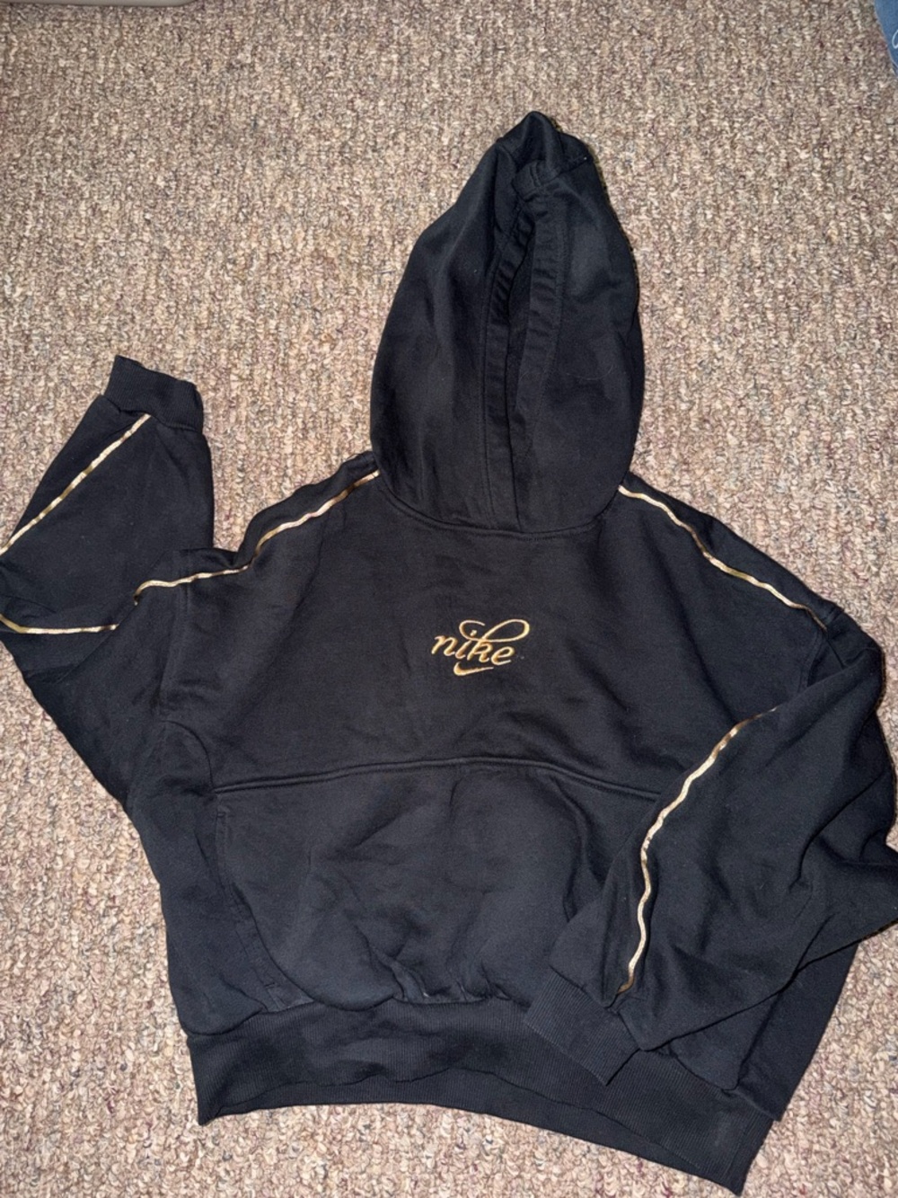 Nike Black Hoodie with Gold Script and Piping